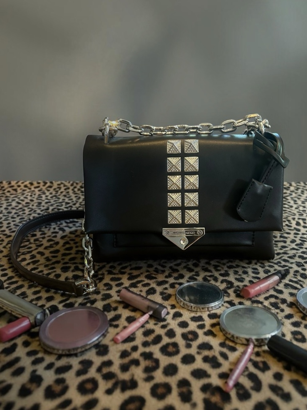 Michael Kors Cece Studded Leather Crossbody Shoulder Bag Black w/Silver Chain